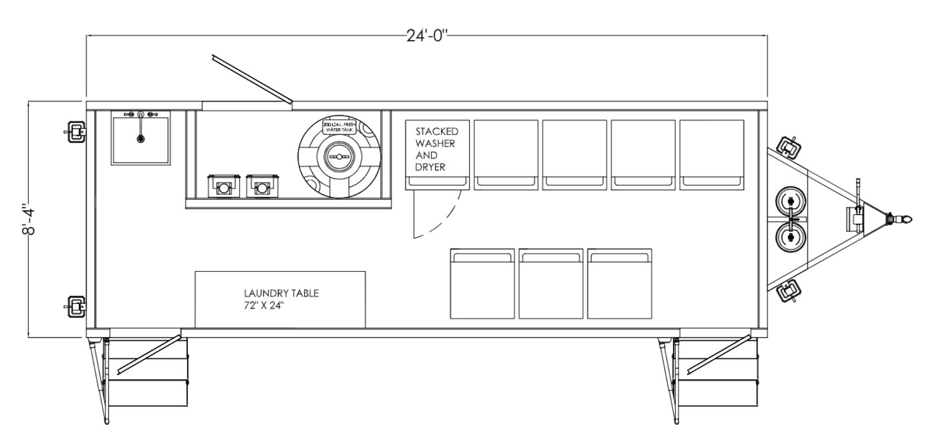 slider-6 laundry trailer blueprint with 8 washer/dryer combos, a table and a large sink