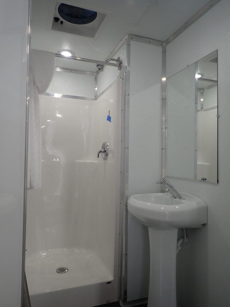 Interior of a shower trailer with sink