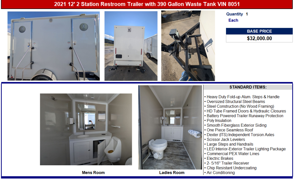 2021 12&#039; 2 Station Restroom Trailer with 390 gallon waste tank