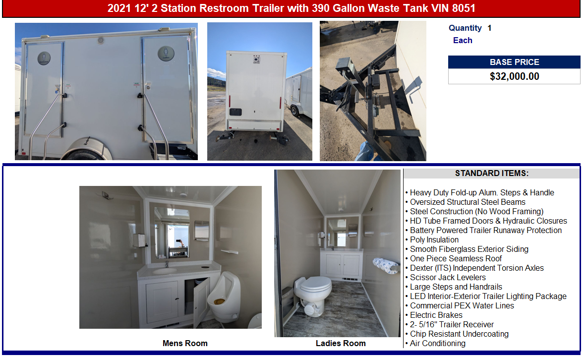 2021 12&#039; 2 Station Restroom Trailer with 390 gallon waste tank